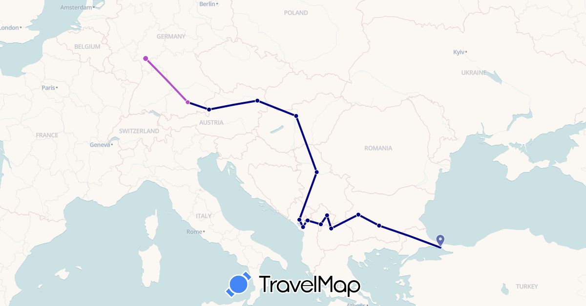 TravelMap itinerary: driving, train in Albania, Austria, Bulgaria, Germany, Hungary, Montenegro, Macedonia, Serbia, Turkey, Kosovo (Asia, Europe)